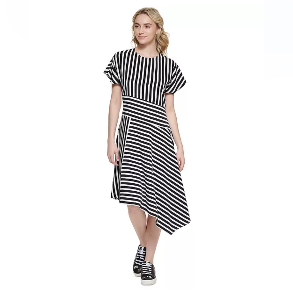 NWT Karl Lagerfeld Paris Sz 2 Women's Striped Asymmetrical-Hem Dress Ret $139!